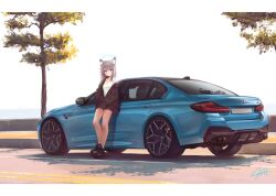  animal_ear_fluff animal_ears black_footwear black_jacket blue_archive blue_car blue_eyes bmw bmw_m5 bmw_m5_f90 car female grey_hair highres jacket leaning_on_object letterboxed long_hair long_sleeves looking_at_viewer motor_vehicle nougat_(73r1r1) outdoors partially_unzipped road shiroko_(blue_archive) shirt signature solo standing tree vehicle_focus white_shirt wolf_ears wolf_girl 