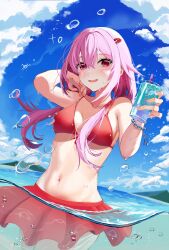  bare_shoulders bikini blush breasts cleavage commentary_request cowboy_shot cup female guilty_crown hair_ornament hairclip highres holding holding_cup long_hair looking_at_viewer medium_breasts navel open_mouth outdoors partially_submerged pink_hair red_bikini red_eyes smile solo sukoyaka_konbu swimsuit twintails water_drop wet yuzuriha_inori 