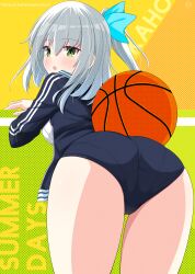  :o ass basketball bent_over blush breasts buruma female green_background green_eyes grey_hair hair_ornament hair_ribbon helvetica_std highres jersey large_breasts looking_at_viewer looking_back medium_hair open_clothes original pantylines ribbon shirt solo thighs two-tone_background white_shirt yellow_background 