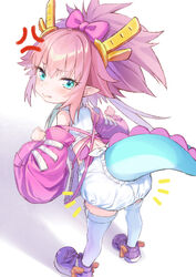  anger_vein apron bare_shoulders blue_eyes bow breasts coffeekite detached_sleeves dragon_girl dragon_horns dragon_tail fate/grand_order fate_(series) female hairbow high_ponytail horns kumonryuu_eliza_(fate) long_hair looking_at_viewer looking_back pink_apron pink_bow pink_hair pink_sleeves pointy_ears shirt shoes shorts sidelocks sleeveless sleeveless_shirt small_breasts sneakers tail thighhighs white_shirt white_shorts white_thighhighs wide_sleeves 