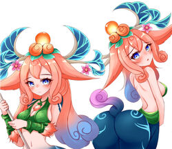  2023 armor ass ayatori blue_body blue_eyes blue_fur blush breasts curled_hair curled_tail deer deer_taur digital_media_(artwork) ears_down female flower fur hair head_turned hi_res human_torso league_of_legends lillia_(lol) long_hair looking_at_viewer looking_back looking_back_at_viewer mammal mammal_taur mouth_closed open_mouth peach_hair pivoted_ears plant pseudo_horn raised_tail riot_games simple_background solo tail taur tencent white_background wood wooden_horn 