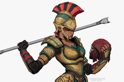  absurdres apex_legends armor black_gloves black_nails breasts classic_revenant commission eyeshadow female fingerless_gloves gloves grey_background grey_gloves haute_hoplite_loba helmet highres holding holding_head holding_staff jewelry loba_(apex_legends) looking_down makeup medium_breasts official_alternate_costume peter_chai red_eyeshadow red_lips revenant_(apex_legends) ring roman_armor severed_head single_fingerless_glove solo_focus staff upper_body 