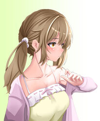  absurdres akai_watame blush breasts brown_eyes brown_hair camisole cardigan closed_mouth commentary_request expressionless female gradient_background green_background hand_up highres inaba_haneru_(animare) long_hair looking_afar low_twintails medium_bangs medium_breasts nanashi_inc. open_cardigan open_clothes pink_cardigan solo twintails upper_body virtual_youtuber white_background yellow_camisole 