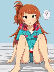  :o ? ahoge ass bare_legs blue_hoodie blush breasts dot_nose female hands_on_ground high_side_ponytail hood hoodie idolmaster idolmaster_million_live! idolmaster_million_live!_theater_days legs_apart long_hair looking_at_viewer nejime_(nejimeinu) ogami_tamaki open_mouth orange_hair panties parka parted_bangs plaid_hood pocket short_sleeves sidelocks simple_background sitting sleeves_rolled_up small_breasts solo thighs underwear white_panties yellow_eyes 