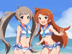  2girls :d ahoge beach bikini blue_bow blue_sailor_collar blue_sky blush bow breasts brown_eyes brown_hair closed_mouth cloud cloudy_sky collarbone cowboy_shot dot_nose eyelashes hair_tie hakozaki_serika high_side_ponytail horizon idolmaster idolmaster_million_live! idolmaster_million_live!_theater_days light_smile long_hair looking_at_viewer multiple_girls navel nejime_(nejimeinu) ocean official_alternate_costume ogami_tamaki open_mouth orange_hair parted_bangs ribbon-trimmed_swimsuit ribbon_trim sailor_bikini sailor_collar sailor_swimsuit_(idolmaster) sidelocks sky small_breasts smile straight_hair swimsuit v waves white_bikini yellow_eyes 