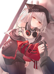  1other absurdres animal_ear_fluff animal_ears arknights bare_shoulders beanie black_gloves black_hat black_jacket black_pantyhose black_skirt blush closed_mouth commentary_request dutch_angle ears_through_headwear extra_ears female frostleaf_(arknights) gloves grey_hair grey_shirt half-closed_eyes hat headphones headphones_around_neck highres jacket long_hair long_sleeves looking_at_viewer lying material_growth nail_polish off_shoulder on_side open_clothes open_jacket oripathy_lesion_(arknights) out_of_frame pantyhose puffy_long_sleeves puffy_sleeves red_eyes red_nails shirt skirt sleeves_past_wrists smile suzubotan tail 