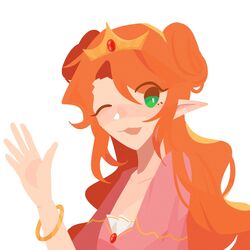  1:1 2023 :3 blush bracelet cel_shading clothing crown digital_drawing_(artwork) digital_media_(artwork) dress elf empires_smp empires_smp_(season_2) female female_humanoid geminitay gesture green_eyes hair hair_buns headgear hi_res humanoid humanoid_pointy_ears icon jewelry lineless long_hair not_furry one_eye_closed open_mouth open_smile orange_hair pink_clothing pink_dress princess royalty shaded simple_background smile solo sunfl0werii tiara waving white_background wink 