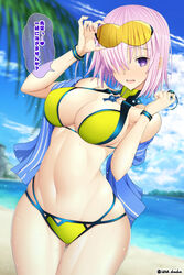  :d beach bikini blue_sky breasts cleavage cloud day eyewear_on_head fate/grand_order fate_(series) female hair_over_one_eye highres looking_at_viewer mash_kyrielight mash_kyrielight_(dive_to_blue) navel official_alternate_costume open_mouth outdoors palm_tree purple_eyes purple_hair skindentation sky smile solo sunglasses swimsuit towel translated tree unadon wet yellow_bikini 