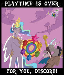  alicorn chimera discord_(mlp) draconequus elements_of_harmony equid equine ethereal_hand female feral friendship_is_magic gor1ck gun handgun hasbro horn magic male mammal my_little_pony mythological_creature mythological_equine mythology princess_celestia_(mlp) quadruped_to_biped ranged_weapon standing weapon wings 