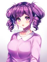  arms_at_sides artist_name blush breasts collarbone collared_shirt commentary drill_hair english_commentary female gradient_background grey_background kokona_haruka_(yandere_simulator) large_breasts lips long_sleeves looking_at_viewer medium_hair open_mouth pink_shirt purple_eyes purple_hair sasucchi95 shirt teeth twin_drills upper_body upper_teeth_only white_background yandere_simulator 