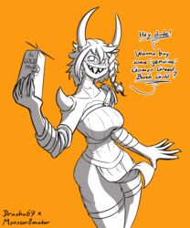  5:6 absurd_res anthro breasts clothed clothing demon drasha69 female hair hi_res horn looking_at_viewer monster open_mouth simple_background smile solo teeth 