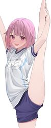  :d absurdres arms_up barefoot blue_shorts blush breasts female gym_uniform hashire!_taiikumatsuri!_~jikkou_iin_wa_ooisogashi~_(project_sekai) highres kawai_ritsu_(rits_meg) leg_lift leg_up legs looking_at_viewer medium_hair ootori_emu open_mouth pink_eyes pink_hair project_sekai shadow shirt short_sleeves shorts sidelocks small_breasts smile solo split standing standing_on_one_leg standing_split stretching textless_version thighs white_background white_shirt 