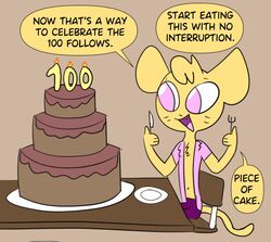  anthro cake candy celebration chocolate chocolate_cake cougar cutefurryfan dessert dialogue english_text felid feline food male mammal matthew_(cutefurryfan) pink_eyes solo text toony 