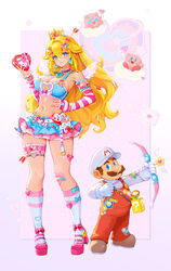  1-up_mushroom 1boy ?_block alternate_costume blonde_hair blue_bra blue_eyes blue_skirt bow_(weapon) box bra breasts brown_hair cheep_cheep commentary crop_top double_cherry earrings english_commentary facial_hair female fire_flower fire_mario gloves hat heart-shaped_box high_heels highres jewelry jigglypuff kirby kirby_(series) long_hair mario mario_(series) medium_breasts midriff moustache mushroommirror navel overalls pink_footwear pokemon pokemon_(creature) princess_peach red_overalls skirt smile sphere_earrings stomach super_mushroom super_smash_bros. super_star_(mario) sylveon thighhighs underwear weapon white_hat yoshi_egg 