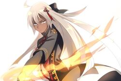  ahoge black_bow black_coat black_dress bow breasts coat dark-skinned_female dark_skin dress echo_(circa) fate/grand_order fate_(series) female fire grey_eyes hairbow half_updo katana koha-ace large_breasts long_hair long_sleeves looking_at_viewer okita_souji_(fate) okita_souji_alter_(fate) okita_souji_alter_(second_ascension)_(fate) open_clothes open_coat red_dress solo sword tassel two-tone_dress very_long_hair weapon white_hair 