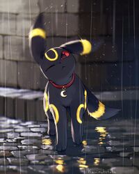  animal_collar artist_name black_fur collar commentary_request crescent facial_mark forehead_mark highres kaminokefusa motion_blur no_humans one_eye_closed outdoors pokemon pokemon_(creature) rain red_eyes tail twitter_username umbreon 