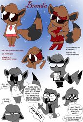  anthro bodily_fluids brenda_(cutefurryfan) brown_body brown_fur clothing cutefurryfan dialogue dress english_text eyeshadow eyewear female frustrated fur glasses hi_res hybrid makeup mammal model_sheet procyonid raccoon red_clothing red_dress red_eyeshadow rodent sciurid sparkles tears text toony tree_squirrel 