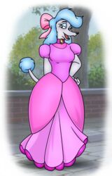  2024 anthro anthrofied black_nose blue_hair breasts canid canine canis clothing disney domestic_dog dress fangs female folwilliar fur georgette_(disney) hair mammal oliver_and_company open_mouth open_smile poodle smile solo teeth tongue white_body white_fur 