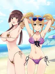  2girls aihara_yuzu areola_slip armpits bad_id bad_pixiv_id bikini blonde_hair blunt_bangs blush breasts brown_hair citrus_(saburouta) earrings female_pubic_hair gangshangguang_(smjy5842) green_eyes highres jewelry large_breasts long_hair looking_at_viewer low_twintails micro_bikini multiple_girls pubic_hair pubic_hair_peek side_ponytail swimsuit taniguchi_harumi thong_bikini tongue tongue_out twintails 