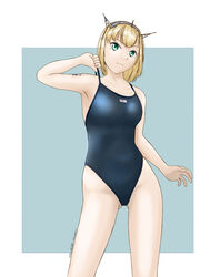  alternate_costume anon. black_one-piece_swimsuit blonde_hair blue_background breasts competition_swimsuit feet_out_of_frame female green_eyes headgear highres kantai_collection medium_breasts one-piece_swimsuit rodney_(kancolle) short_hair solo standing swimsuit two-tone_background 