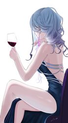  absurdres ak-12_(girls&#039;_frontline) ak-12_(quiet_azure)_(girls&#039;_frontline) alcohol backless_dress backless_outfit black_dress breasts crossed_legs cup dress drinking_glass earrings female gincho girls&#039;_frontline grey_hair hand_on_own_chin highres holding holding_cup jewelry long_hair official_alternate_costume sideboob simple_background sitting solo white_background wine wine_glass 