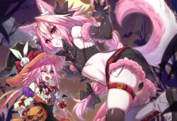  2boys animal_ear_fluff animal_ears arm_scrunchie astolfo_(fate) astolfo_(saber)_(fate) asymmetrical_legwear bare_shoulders bat_(animal) belt black_bow black_bowtie black_corset black_panties black_shirt black_shorts bow bowtie braid branch bulge candy collar corset covered_nipples cowboy_shot crescent_moon crop_top cross-laced_footwear crossdressing denim denim_shorts dress dual_persona fake_claws fate/apocrypha fate/grand_order fate_(series) feet_out_of_frame food fox_boy fox_ears fox_tail frilled_collar frills fur-trimmed_gloves fur-trimmed_shorts fur_trim gloves grin hair_between_eyes hair_intakes hairbow halloween halloween_bucket halloween_costume haoro hat hat_ribbon holding holding_candy holding_food holding_lollipop horizontal-striped_thighhighs lens_flare light_particles lollipop long_braid long_hair low_twintails male_focus midriff mismatched_legwear moon multicolored_hair multiple_boys navel night night_sky oerba_yun_fang one_eye_closed open_mouth orange_dress orange_eyes otoko_no_ko outdoors panties pink_claws pink_hair pink_thighhighs purple_eyes purple_garter_straps rabbit_hat_ornament red_belt ribbon shirt short_shorts shorts signature simple_bat single_braid skin_fang sky sleeveless sleeveless_dress sleeveless_shirt smile streaked_hair striped_clothes striped_thighhighs swirl swirl_lollipop tail thigh_belt thigh_strap thighhighs thighs trick-or-treating twintails two-sided_fabric two-sided_headwear two-sided_skirt two-tone_hair two-tone_legwear two-tone_thighhighs underwear very_long_hair white_footwear white_hair witch_hat 