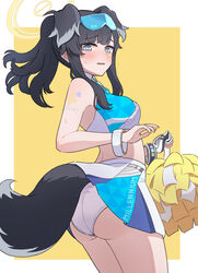  animal_ears ass bangle bare_arms bare_shoulders black_hair blue_archive blue_eyes blush bracelet breasts cheerleader cowboy_shot dog_ears dog_girl dog_tail eyewear_on_head female halo hibiki_(blue_archive) hibiki_(cheer_squad)_(blue_archive) highres holding jewelry long_hair looking_at_viewer midriff millennium_cheerleader_outfit_(blue_archive) official_alternate_costume open_mouth panties pom_pom_(cheerleading) simple_background skirt solo sports_bra standing sweat tail tatama underwear white_panties 