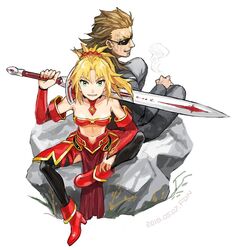  1boy blonde_hair brown_hair collarbone dated fate/apocrypha fate_(series) female fon-due_(fonfon) green_eyes grey_pants grey_shirt holding holding_sword holding_weapon mordred_(fate) mordred_(fate/apocrypha) navel over_shoulder pants red_sleeves revealing_clothes rock shirt shishigou_kairi signature sitting sitting_on_rock sword sword_over_shoulder weapon weapon_over_shoulder 