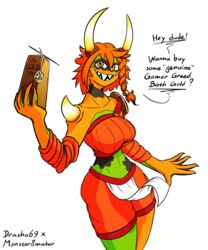  5:6 absurd_res anthro breasts clothed clothing demon drasha69 english_text female hair hi_res horn looking_at_viewer monster open_mouth simple_background smile solo teeth text 