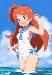  :d armpits blue_bow blue_ribbon blue_sailor_collar blue_sky blush bow breasts cloud cloudy_sky covered_navel cowboy_shot dot_nose female flipped_hair hair_ribbon hand_up high_side_ponytail highres idolmaster idolmaster_million_live! idolmaster_million_live!_theater_days long_hair nejime_(nejimeinu) ocean ogami_tamaki one-piece_swimsuit open_mouth orange_hair parted_bangs ribbon ribbon-trimmed_swimsuit ribbon_trim sailor_collar sailor_one-piece_swimsuit sailor_swimsuit_(idolmaster) sidelocks sky small_breasts smile solo standing sweat sweatdrop swimsuit wading water water_drop yellow_eyes 