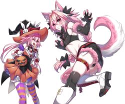  2boys animal_ear_fluff animal_ears arm_scrunchie astolfo_(fate) astolfo_(saber)_(fate) asymmetrical_legwear bare_shoulders belt black_bow black_bowtie black_corset black_panties black_shirt black_shorts bow bowtie braid bulge candy collar corset covered_nipples cowboy_shot crop_top cross-laced_footwear crossdressing denim denim_shorts dress dual_persona fake_claws fate/apocrypha fate/grand_order fate_(series) feet_out_of_frame food fox_boy fox_ears fox_tail frilled_collar frills fur-trimmed_gloves fur-trimmed_shorts fur_trim gloves grin hair_between_eyes hair_intakes hairbow halloween halloween_bucket halloween_costume haoro hat hat_ribbon highres holding holding_candy holding_food holding_lollipop horizontal-striped_thighhighs lollipop long_braid long_hair low_twintails male_focus midriff mismatched_legwear multicolored_hair multiple_boys navel oerba_yun_fang one_eye_closed open_mouth orange_dress orange_eyes otoko_no_ko panties pink_claws pink_hair pink_thighhighs purple_eyes purple_garter_straps rabbit_hat_ornament red_belt ribbon shirt short_shorts shorts signature simple_background single_braid skin_fang sleeveless sleeveless_dress sleeveless_shirt smile streaked_hair striped_clothes striped_thighhighs swirl swirl_lollipop tail thigh_belt thigh_strap thighhighs thighs twintails two-sided_fabric two-sided_headwear two-sided_skirt two-tone_hair two-tone_legwear two-tone_thighhighs underwear very_long_hair white_background white_footwear white_hair witch_hat 