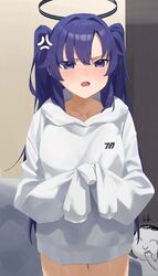  1other :o absurdres anger_vein blue_archive blush chibi collarbone commentary cowboy_shot doodle_sensei_(blue_archive) female halo highres hood hoodie indoors looking_at_viewer mm_(mhm2592) no_pants purple_hair sensei_(blue_archive) sleeves_tied_together two_side_up white_hoodie yuuka_(blue_archive) 