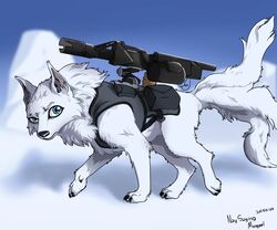  3_tails 6:5 absurd_res alien ambiguous_gender arctic_fox blue_eyes canid canine feral fluffy fox fur gun harness hi_res jaslip_(the_nature_of_predators) mammal multi_tail naysayingmongrel quadruped ranged_weapon snow solo tail the_nature_of_predators true_fox weapon white_body white_fur 