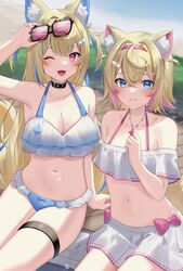  2girls absurdres ahoge animal_ear_fluff animal_ears bare_shoulders bikini bikini_skirt blonde_hair blue_bikini blue_eyes blue_hair blush breasts cleavage collar collarbone dog_ears fuwawa_abyssgard hair_intakes highres holding holding_removed_eyewear hololive hololive_english jewelry large_breasts mococo_abyssgard multicolored_hair multiple_girls navel necklace one_eye_closed open_mouth outdoors pendora1022 pink-tinted_eyewear pink_bikini pink_eyes pink_hair pool siblings sisters sitting small_breasts smile streaked_hair sunglasses swimsuit thigh_strap tinted_eyewear twins two-tone_hair unworn_eyewear virtual_youtuber white_bikini 