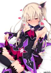  ascot bare_shoulders black_dress black_footwear black_thighhighs blush boots breasts detached_sleeves dress earrings fate/grand_order fate/kaleid_liner_prisma_illya fate_(series) female hair_ornament heart highres illyasviel_von_einzbern jewelry layered_skirt long_hair looking_at_viewer one_side_up purple_skirt red_eyes red_skirt sidelocks sitting skirt small_breasts smile solo testament_(fate) thigh_boots thighhighs thighhighs_under_boots unadon white_hair 