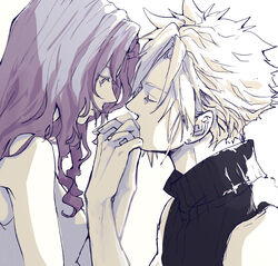  1boy aerith_gainsborough bare_shoulders blonde_hair breasts brown_hair closed_eyes cloud_strife couple demi_co dress earrings female final_fantasy final_fantasy_vii final_fantasy_vii_rebirth final_fantasy_vii_remake highres holding_hands interlocked_fingers jewelry kissing kissing_hand long_hair looking_at_another medium_breasts parted_bangs sepia short_hair sidelocks single_earring sleeveless sleeveless_dress sleeveless_turtleneck spiked_hair straight turtleneck upper_body wavy_hair white_background 