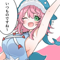  ;d absurdres adapted_costume animal_hat arm_up armpits blue_hat blue_shirt breasts collared_shirt female green_eyes hat highres large_breasts okunoda_miyoi one_eye_closed pink_hair shiki_karin shirt sideboob sleeveless sleeveless_shirt smile solo touhou translated whale_hat 