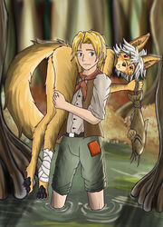  2024 absurd_res anthro ass azee_(links) bandage bandaged_leg blonde_hair blush brown_body brown_fur canid canine canis carrying_another carrying_partner clothed clothed/nude clothed_male clothing coyote farfener female fish fishing fluffy fluffy_tail fur hair hi_res human humor lake luke_(links) male mammal marine nude partially_submerged paws rope shiyan_(links) tail textless the_auroran_archives water white_hair 