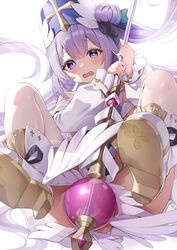  absurdres azur_lane blush classic_(zildjian33) covering_privates duplicate female hair_bun highres holding holding_staff long_sleeves looking_at_viewer non-web_source official_alternate_costume open_mouth priestess puffy_long_sleeves puffy_sleeves purple_eyes purple_hair royal_navy_emblem_(azur_lane) single_hair_bun single_side_bun solo staff thighhighs thighs unicorn_(azur_lane) unicorn_(snow_white_guardian_angel)_(azur_lane) wavy_mouth winged_footwear 