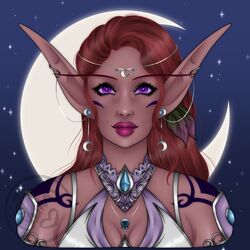  1:1 blizzard_entertainment bust_portrait ear_piercing ear_ring elf female hair head_jewelry hi_res humanoid humanoid_pointy_ears jemadoodles jewelry leaf looking_at_viewer markings moon necklace night_elf not_furry piercing portrait red_hair ring_piercing selune_darkeye smile smiling_at_viewer solo star warcraft 