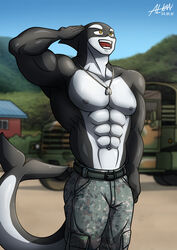  abs absurd_res alkan anthro big_pecs black_body bottomwear cetacean clothed clothing dolphin dovel gesture hi_res identification jewelry male mammal marine military military_pants military_vehicle moobs multicolored_body muscular muscular_anthro muscular_male navel necklace nipples oceanic_dolphin open_mouth orca pecs salute soldier solo toothed_whale topless topless_anthro topless_male two_tone_body warrior white_body yellow_eyes 