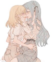  2girls after_kiss bang_dream! bang_dream!_it&#039;s_mygo!!!!! black_ribbon blonde_hair blue_hair blush collared_shirt eye_contact french_kiss grey_ribbon grey_skirt hand_on_another&#039;s_waist hand_under_clothes hand_under_shirt highres junjun_(kimi-la) kissing long_hair long_sleeves looking_at_another medium_hair misumi_uika multiple_girls neck_ribbon purple_eyes ribbon saliva saliva_trail shirt simple_background sitting sitting_on_lap sitting_on_person skirt togawa_sakiko two_side_up white_background white_shirt yellow_eyes yuri 