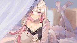  ass barefoot black_negligee blonde_hair blurry blurry_background blush breasts closed_mouth collarbone colored_inner_hair commission earrings female holding holding_stuffed_toy jewelry long_hair looking_at_viewer lying makurano_neena mole mole_under_mouth multicolored_hair on_stomach pink_hair production_kawaii purple_eyes shima_koushi single_bare_shoulder skeb_commission soles solo strap_slip stuffed_toy tassel tassel_earrings the_pose virtual_youtuber 