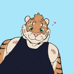  1:1 anthro big_pecs felid feline fur green_eyes heart_symbol hi_res looking_at_viewer looking_down looking_down_at_viewer male mammal mandofruit muscular muscular_male nipples pantherine pec_pov_meme pecs remmy_(colt_wolf) smile solo striped_body striped_fur stripes tiger 