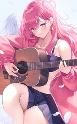  acoustic_guitar amatoku_yua angel_wings blue_bra blue_eyes blue_skirt blush bra closed_mouth commission crossed_legs earrings etoiles feather_earrings feathered_wings feathers female friend0426 guitar halo heart heart_halo highres holding holding_instrument instrument jacket jewelry light_smile long_hair miniskirt off_shoulder pink_jacket pleated_skirt single_bare_shoulder sitting skeb_commission skirt solo thighs track_suit underwear virtual_youtuber white_wings wings 