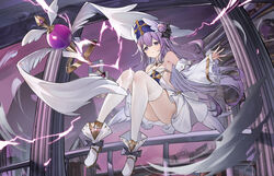  absurdres ass azur_lane black_bow blue_eyes bow breasts bright_pupils chinese_commentary closed_mouth commentary_request detached_sleeves dress female flantia floating footwear_bow frilled_sleeves frills full_body hair_bun hairbow heart highres holding holding_staff light_frown lightning looking_at_viewer official_alternate_costume one_side_up pillar priestess single_side_bun small_breasts solo staff tareme thighhighs thighs unicorn_(azur_lane) unicorn_(snow_white_guardian_angel)_(azur_lane) white_dress white_footwear white_pupils white_thighhighs wide_sleeves 