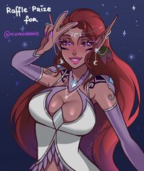  absurd_res blizzard_entertainment breasts cleavage clothed clothing cosmic_background ear_piercing elf female flowing_hair gesture hair hand_gesture head_jewelry hi_res humanoid humanoid_pointy_ears jewelry leaf mambolinaaa markings necklace night_elf piercing selune_darkeye simple_background smile smiling_at_viewer solo star starry_background v_sign warcraft 