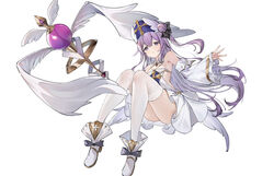  absurdres ass azur_lane black_bow blue_eyes bow breasts bright_pupils chinese_commentary closed_mouth commentary_request detached_sleeves dress female flantia floating footwear_bow frilled_sleeves frills full_body hair_bun hairbow heart highres holding holding_staff light_frown lightning looking_at_viewer official_alternate_costume one_side_up pillar priestess simple_background single_side_bun small_breasts solo staff tareme thighhighs thighs unicorn_(azur_lane) unicorn_(snow_white_guardian_angel)_(azur_lane) white_background white_dress white_footwear white_pupils white_thighhighs wide_sleeves 