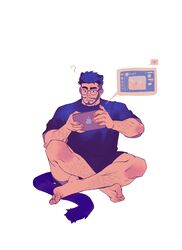  1boy ? absurdres animal_ears arm_hair bara barefoot beard bespectacled black_shirt breath bulge cat_boy cat_ears cat_tail crossed_legs emoji facial_hair full_body glasses highres holding ipad knees_up kuro_(kuroshima_kurishiro) kuroshima_kurishiro_(muyi24108414) leg_hair male_focus mature_male moustache muscular muscular_male original pencil pencil_mustache playing rainbow_gradient raised_eyebrow round_eyewear shirt short_hair shorts socks solo sparse_arm_hair sparse_leg_hair tablet_pc tail thick_eyebrows undercut underwear white_background 