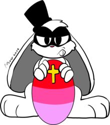  big_ears big_feet buckteeth christian_cross christian_symbol christianity clothing cross easter easter_bunny easter_egg embarrassed feet frozarcold hat headgear headwear holidays lagomorph leporid looking_at_viewer mammal rabbit religion teeth unimpressed 